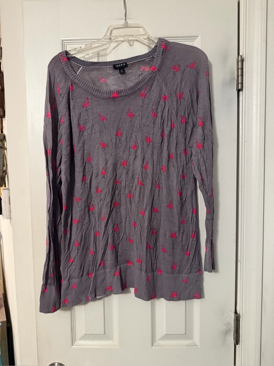 torrid Tops - torrid Gray Sweater with Pink Flamingo Motif